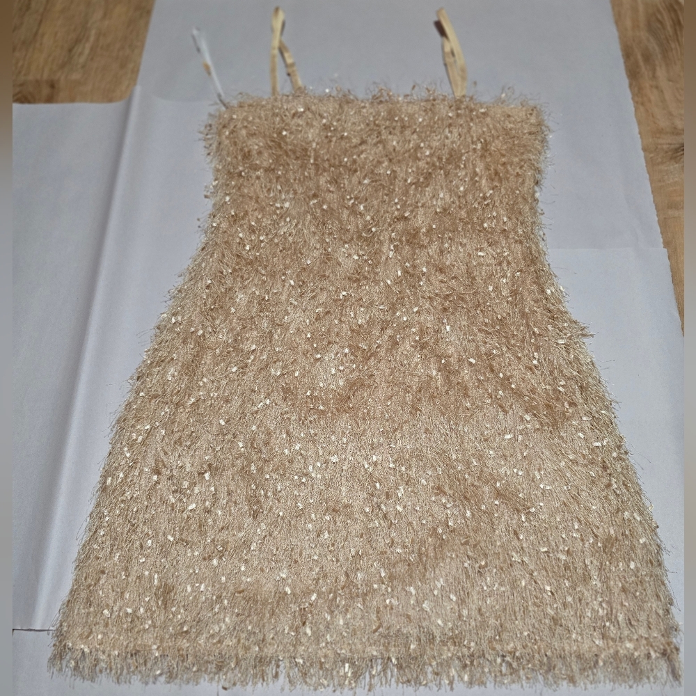 Lulu's Beige Metallic Fringe Mini Dress